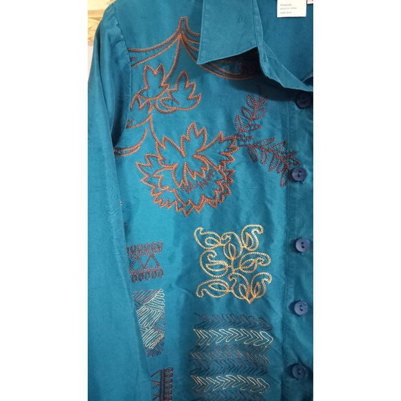 Christina Hope Medium Turquoise Blue Embroidered Silk Vintage Button Down Shirt - Picture 3 of 7